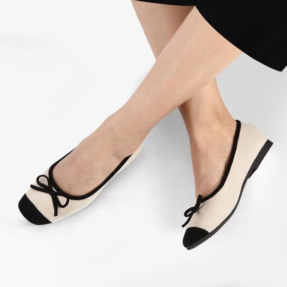 🆕Women Apricot Faux Suede Cap Toe Bow Slip On Flats Square Toe Dressy Shoes - Picture 2 of 7